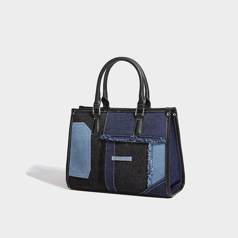 Denim patch female hand bag black