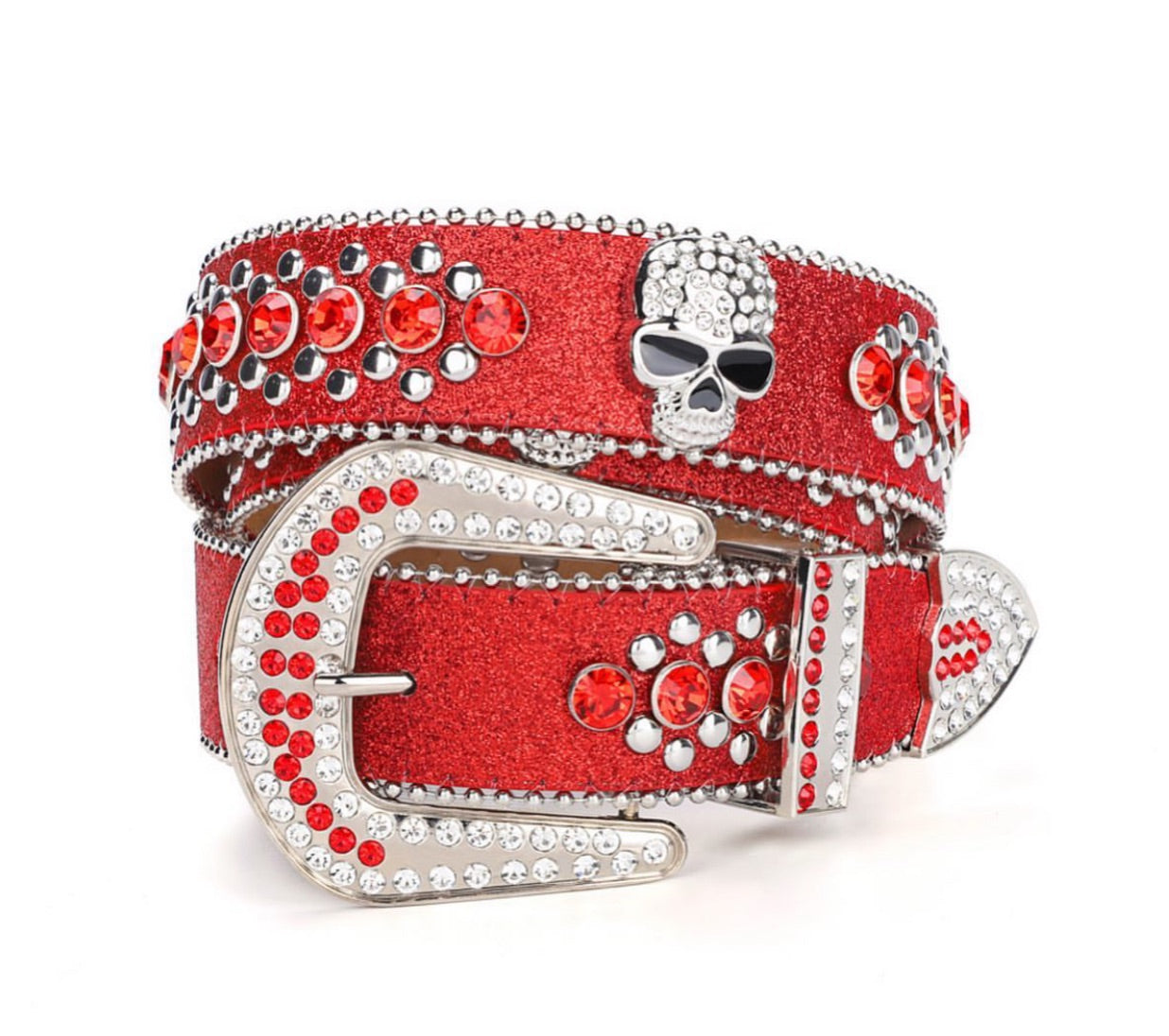 Rhinestone skull belt in red