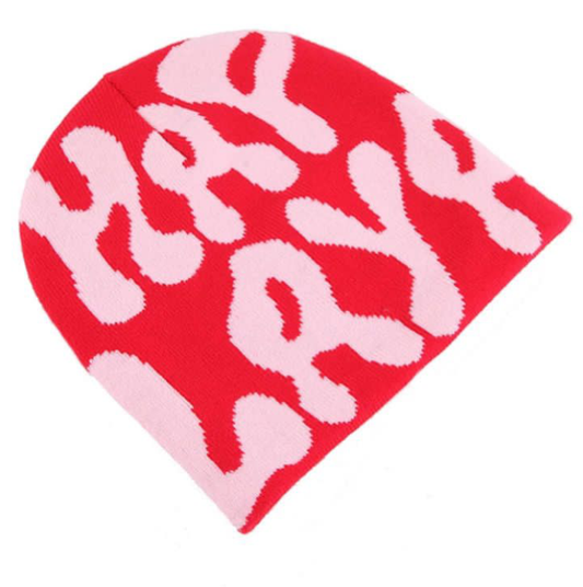 Acrylic knitted cuffed beanie hat red and pink