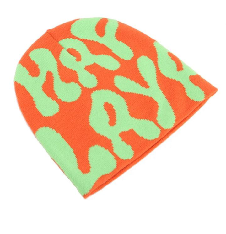 Acrylic knitted cuffed beanie hat orange and green