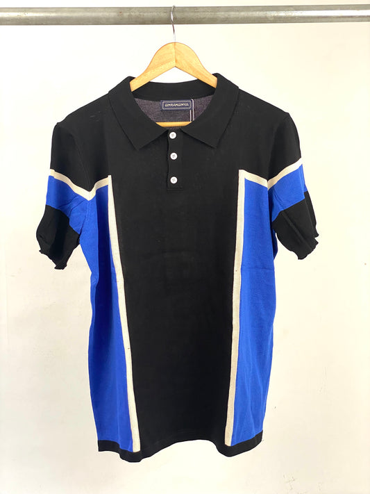 Knitted polo in black and blue with white stripes