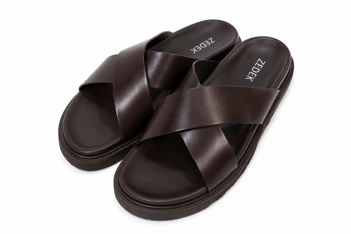 ZEDEK CRISS CROSS SLIDES IN
BROWN(comes in a box)