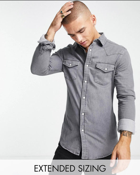 design skinny fit western denim shirt in grey