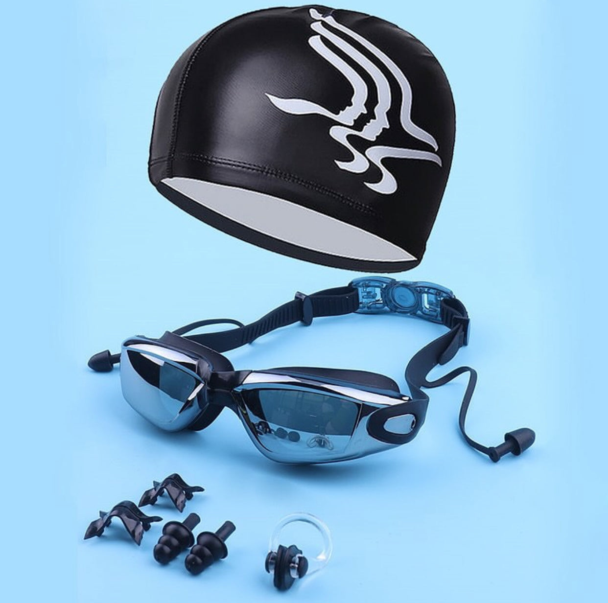 SWIMMING KIT
product consists of Head gear, ear plugs and googles