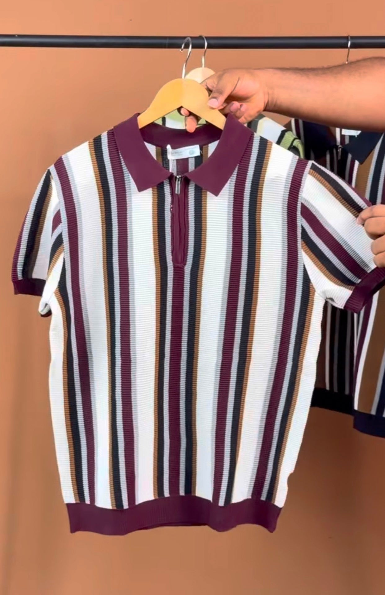 KNITTED POLO STRIPE ZIP SHIRT