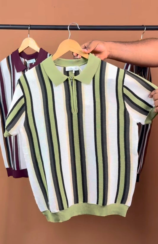 KNITTED POLO STRIPE ZIP SHIRT