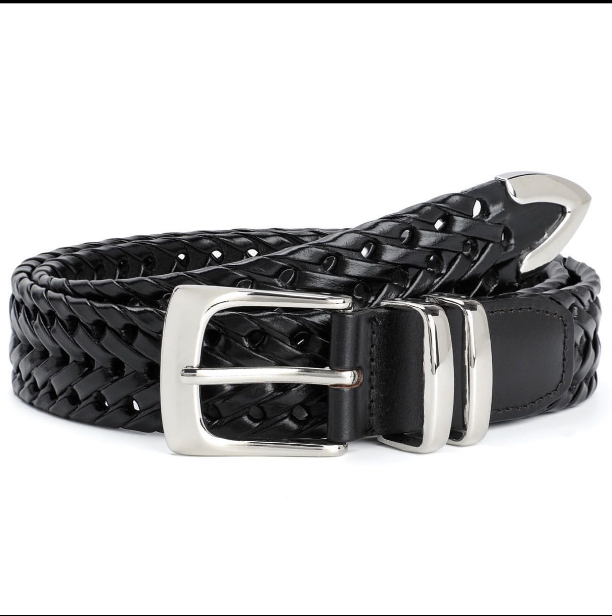 Woven leather belt in black