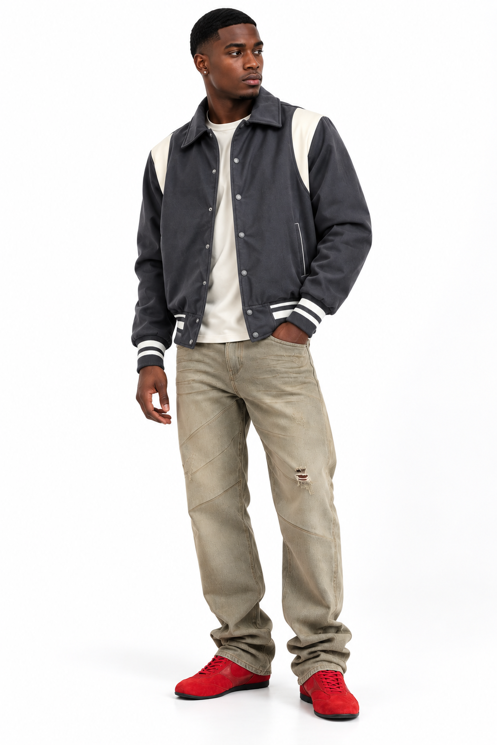 Charcoal gray and cream varsity jacket