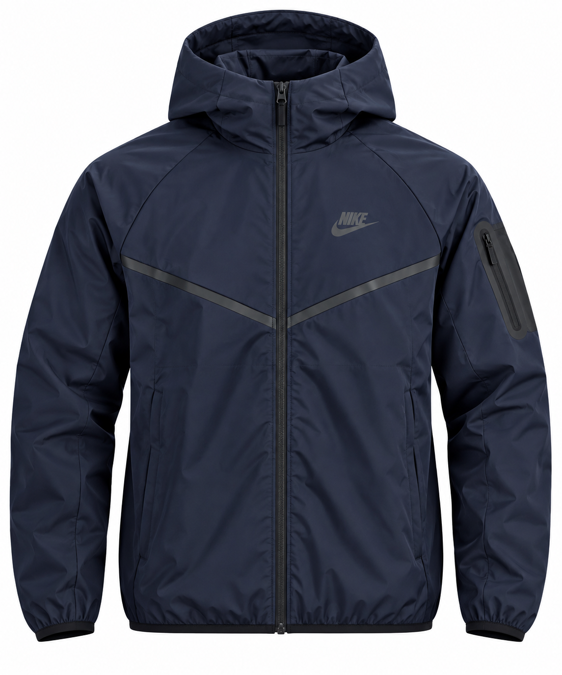 Navy blue hooded windbreaker jacket