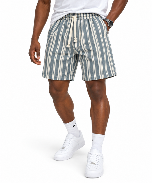 Marrakech blue gray vertical stripped drawstring shorts