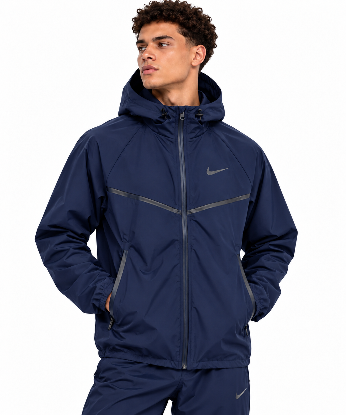 Navy blue hooded windbreaker jacket