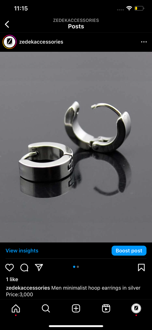 Men minimalist hoop earrings in sliver