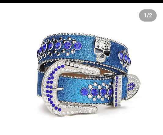 Rhinestone skull belt in blue