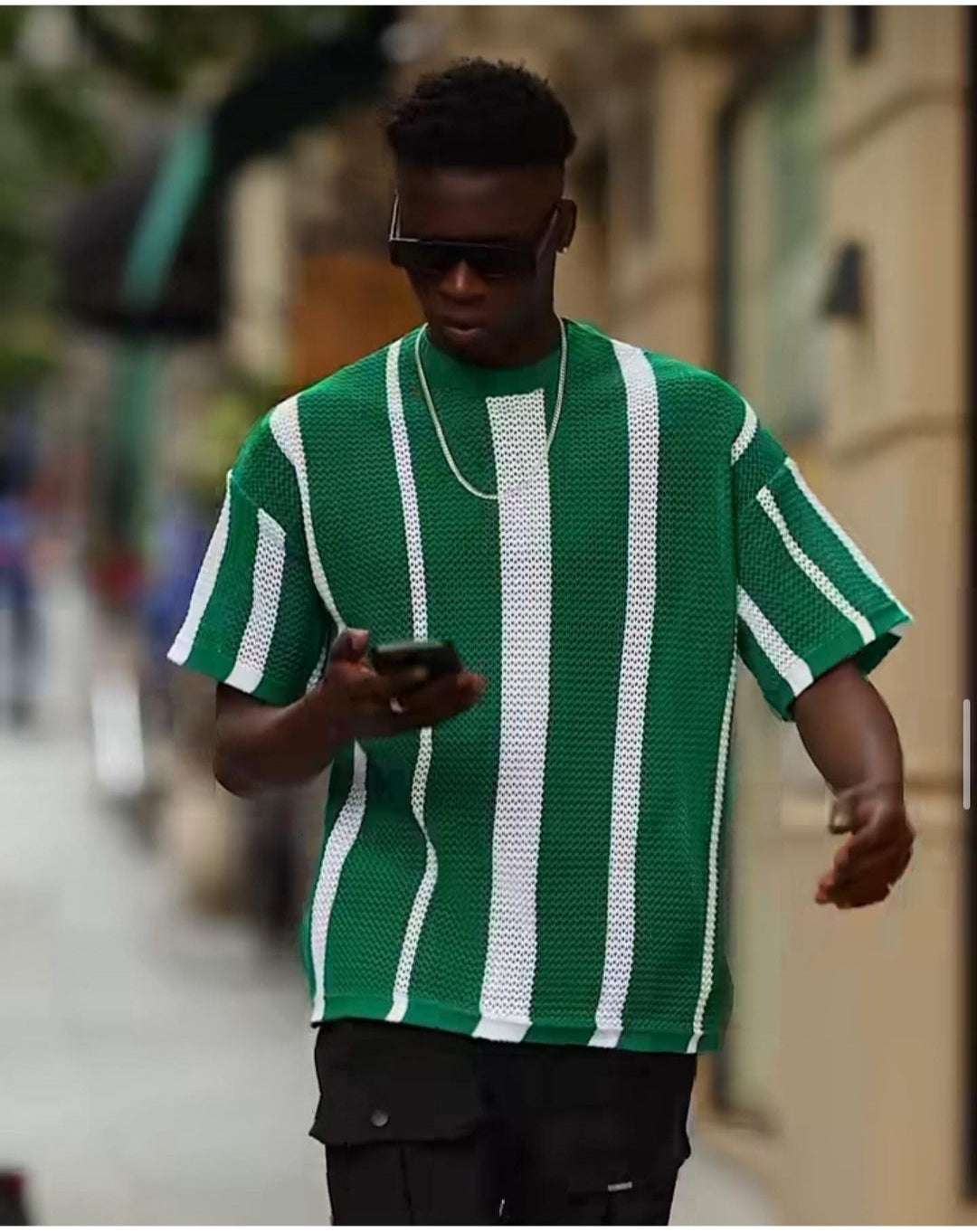 Knit tshirt in green and white strip