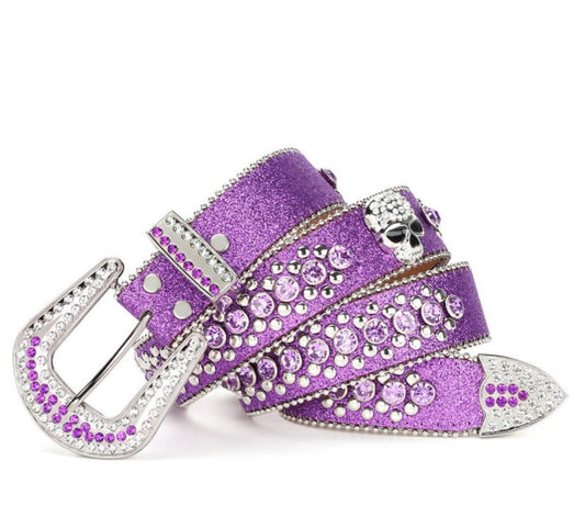 Rhinestone skull belt in purple 8303