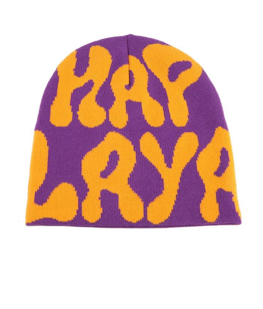 Acrylic knitted cuffed beanie hat purple and orange