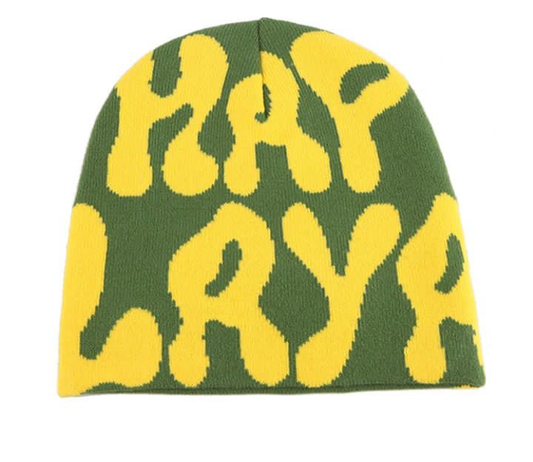 Acrylic knitted cuffed beanie hat green and yellow
