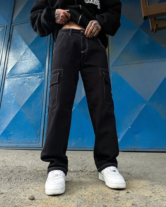 Difransel black cargo baggy denim pant  contrast stitching