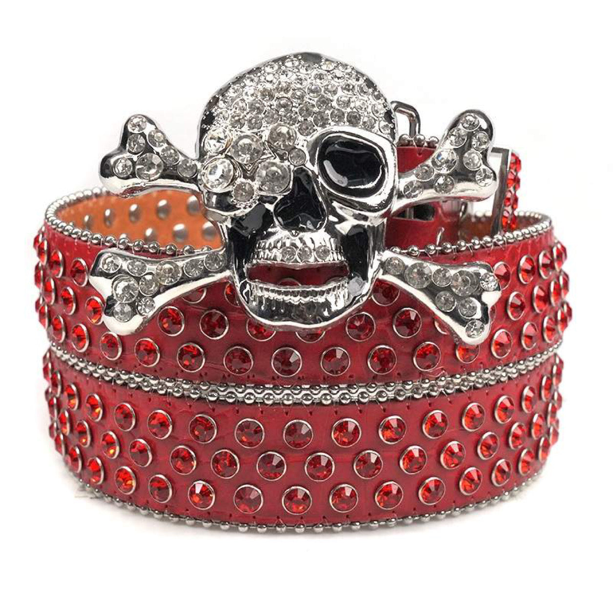 Rhinestone skull belt in red